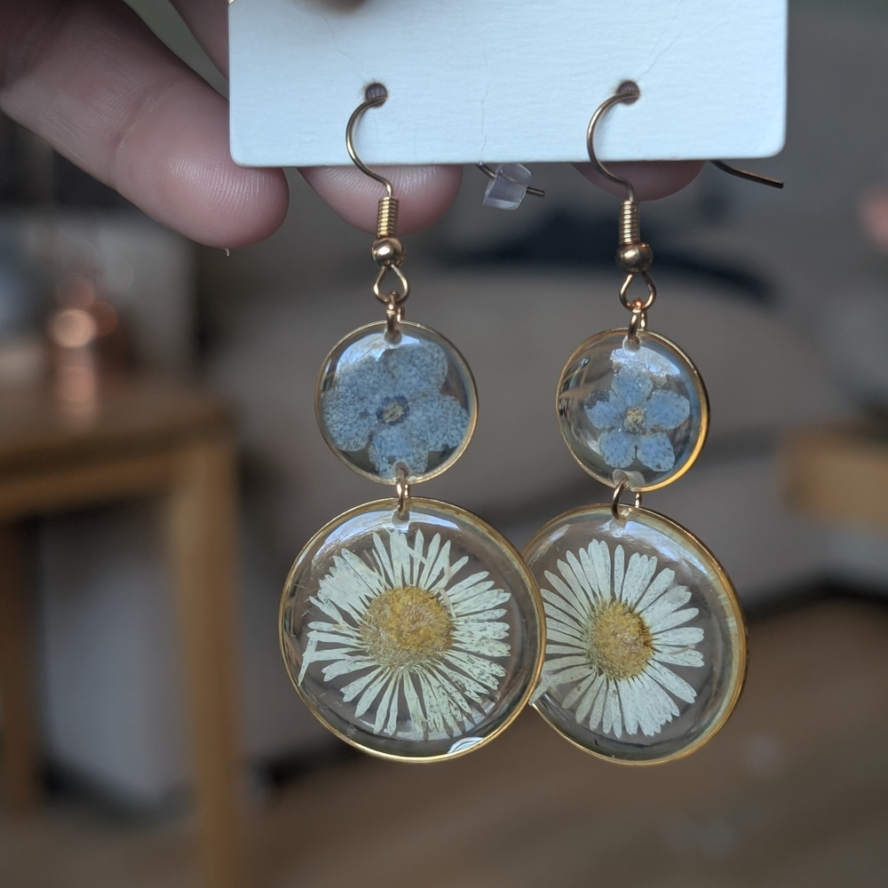 Cost Plus World Market Gold and White Floral Earrings